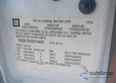 2005 Chevrolet Tahoe Ls z USA, uszkodzony, nr VIN 1GNEK13V55R144361